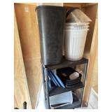 PLASTIC SHELF AND CONTENTS: TRASH CANS