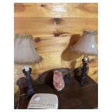PAIR BOUDOIR LAMPS, SALT LAMP AND ALARM CLOCK