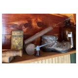 CLAY PIGEON FLINGER, BROWN GLASS BOTTLES, CERAMIC