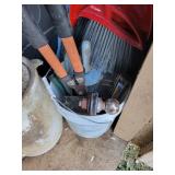 BUCKET OF TOOLS AND 5 GALLON CROCK CHURN -