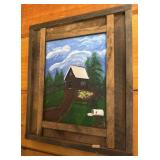 RED BARN OIL ON CANVAS IN BARN WOOD FRAME