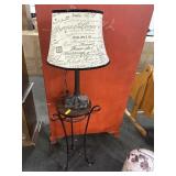 IRON AND WOOD PLANT STAND AND LAMP WITH SHADE