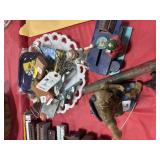 FIGURINES, MILKGLASS TRAY AND ASSORTED ITEMS