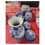 BLUE AND WHITE CERAMIC VASES, DISHWARE, ETC.