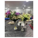 3 CUT GLASS VASES W/ARTIFICIAL FLOWERS-ONE OF THE