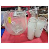 GLASS VASE, CANDLES, OIL LAMP CHIMNEYS