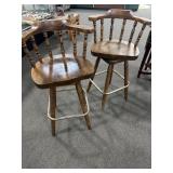 PAIR OF WOODEN SWIVEL BAR STOOLS - MATCHING