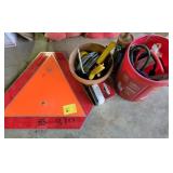 BUNGEE CORDS AND TRACTOR HAZARD SIGN