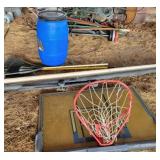 BASKETBALL GOAL, BLUE BARREL, RAKES, ETC.