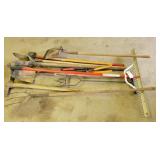 YARD TOOLS: POST HOLE DIGGER, SHOVELS, ETC.