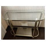 GLASS AND BRASS HALL TABLE WITH WALL MIRROR