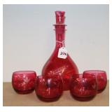 ETCHED CRANBERRY FLASH DECANTER 5 PC SET ETCHED CRANBERRY FLASH DECANTER 5 PC SET