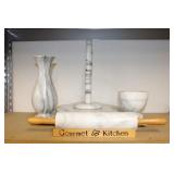 (5) PC MARBLE KITCHEN SET AND MARBLE VASE (5) PC MARBLE KITCHEN SET AND MARBLE VASE