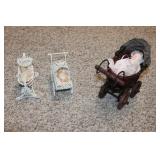 (3) SMALL PORCELAIN DOLLS IN BUGGIES (3) SMALL PORCELAIN DOLLS IN BUGGIES