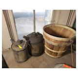 2 GALVANIZED OIL CANS AND 2 FRUIT BASKETS