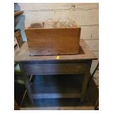 WOODEN TABLE, CHAIR, CANNING JARS, ETC.