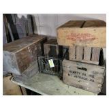 ANTIQUE WOOD BOXES: FRUIT BOXES, METAL MILK CRATE,