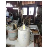 INDIAN HEAD 3 GALLON CROCK LAMP, WOOD BOWL AND