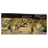 4 BOXES OF ASSORTED GLASSWARE, LAMP SHADES,