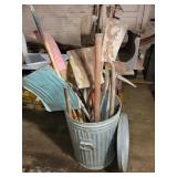 GALVANIZED TRASH CAN WITH SHOVELS, HAMMERS,