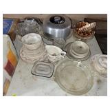 TABLE LOT: GLASSWARE, CHINA, WALL SHELF, ETC.