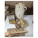 CROCK CHURN (BROKEN),  ICE TONGS, TOM THUMB TYPE