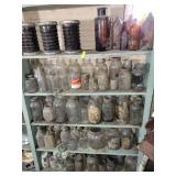 5 SHELVES OF OLD GLASS BOTTLES, JARS, ETC.