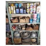 5 SHELVES OF OIL CANS, HUBCAPS, ETC.