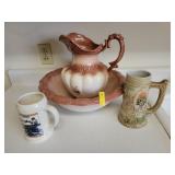 BOWL AND PITCHER SET AND 2 BEER STEINS: SCHLITZ
