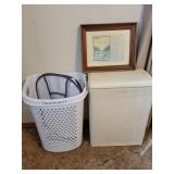WICKER STYLE HAMPER, CANDLE STAND, FLOOR LAMP, ETC