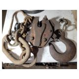 LARGE IRON HOOK, CHAIN RINGS, ETC.