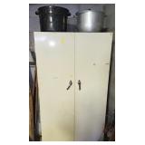 2 DOOR METAL STORAGE CABINET W/2 CANNING POTS