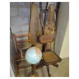 GLOBE ON STAND, 2 CHAIRS, 3 WOODEN IRONING BOARDS