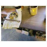 WOOD AND METAL TABLE W/CUTTER QUILT, CATCHERS