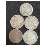 (4) LIBERTY "V" NICKELS AND (1) SHIELD NICKEL