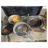 7 SKILLETS - 6 ARE CAST IRON - 1 IS WAGNER