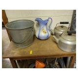 WOOD TABLE, GALVANIZED PAIL, 2 TEA KETTLES,