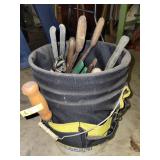 BUCKET WITH HAND TOOLS: HEDGE CLIPPERS, LOPPERS,
