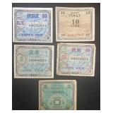 LOT OF (5) WWII ALLY MILITARY CURRENCY
