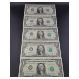 (5) 1974 SEQUINTIAL SERIAL NUMBER $1 BILLS