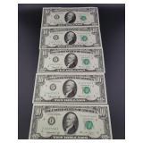 (5) 1974 SEQUINTIAL SERIAL NUMBER $10 BILLS