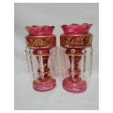 PAIR OF CRANBERRY GLASS LUSTERS - MISSING A COUPLE