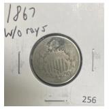 1867 WITHOUT RAY SHIELD NICKEL