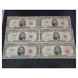 (6) RED SEAL $5 BILLS - (5) 1963 AND (1) 1953