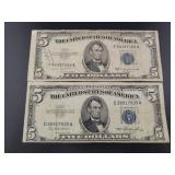 (2) 1953 $5 SILVER CERTIFICATES