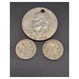 BICENTENNIAL EISENHOWER DOLLAR (HOLED) & 2 BUFFALO