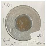 1901 INDIAN HEAD CENT GOOD LUCK TOKEN