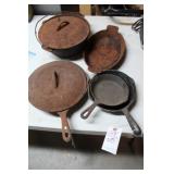 5 PIECES: CAST IRON PANS AND DUTCH OVEN 5 PIECES: CAST IRON PANS AND DUTCH OVEN