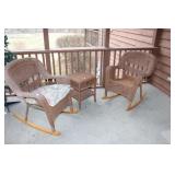 (2) WICKER ROCKERS AND END TABLE W/DRAWER (2) WICKER ROCKERS AND END TABLE W/DRAWER