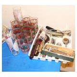 12 GLASSES AND TRAY OF FLATWARE & KNIVES 12 GLASSES AND TRAY OF FLATWARE & KNIVES